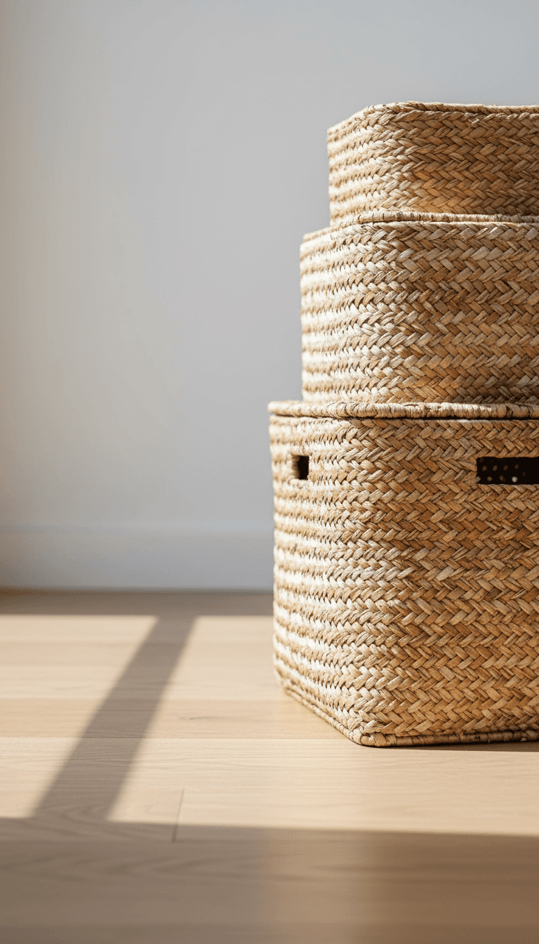 Rattan baskets stacked on floor