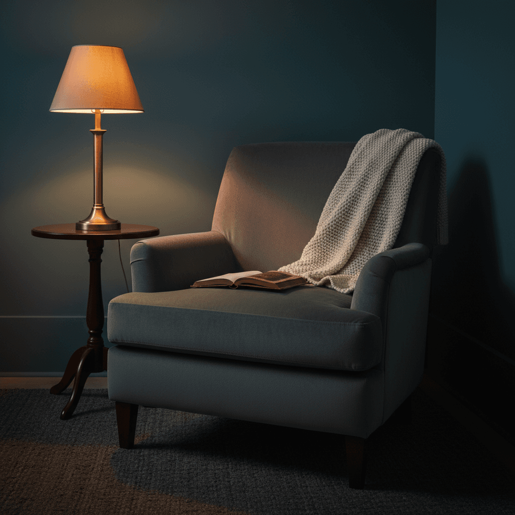 Warm-toned armchair in a quiet corner with a soft lamp
