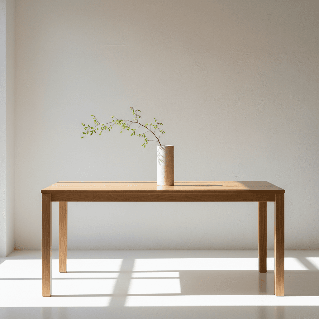 Minimalist wooden dining table in a bright room with natural light