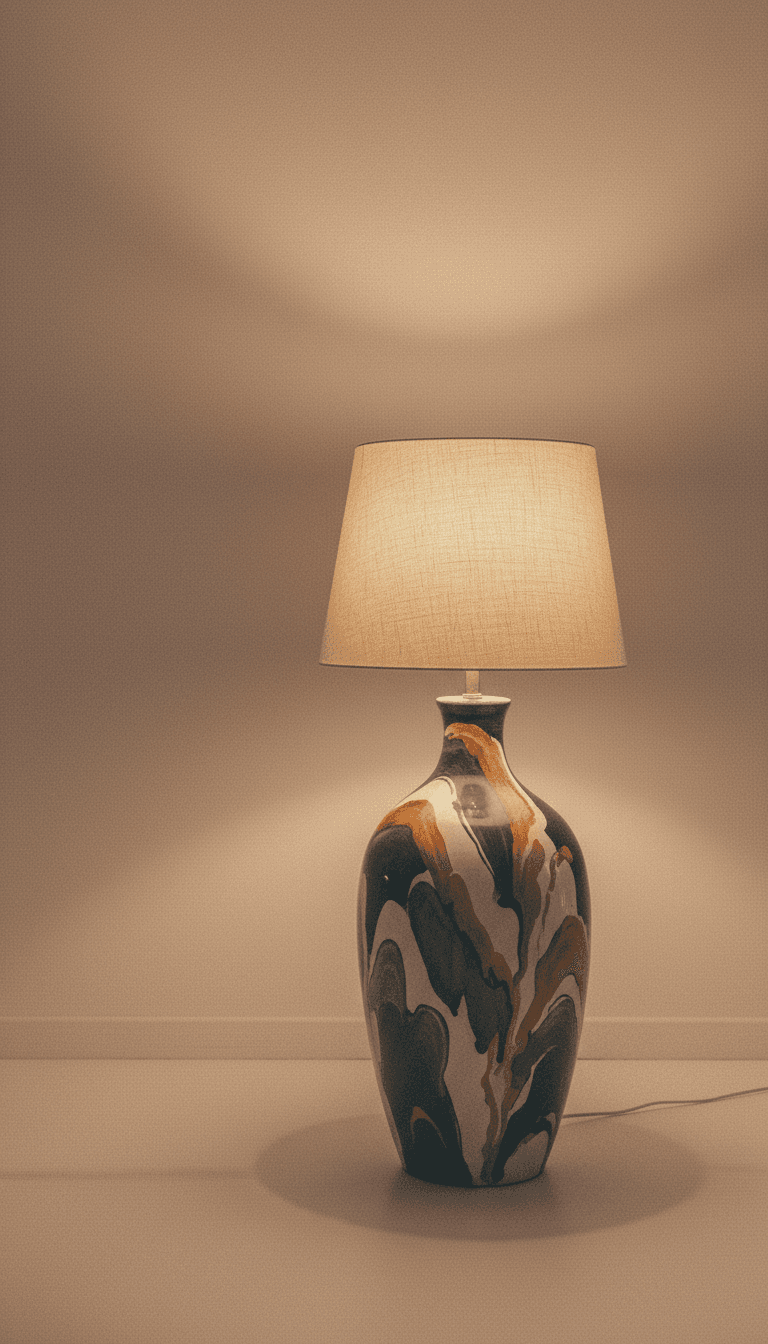 Sculptural floor lamp against wall