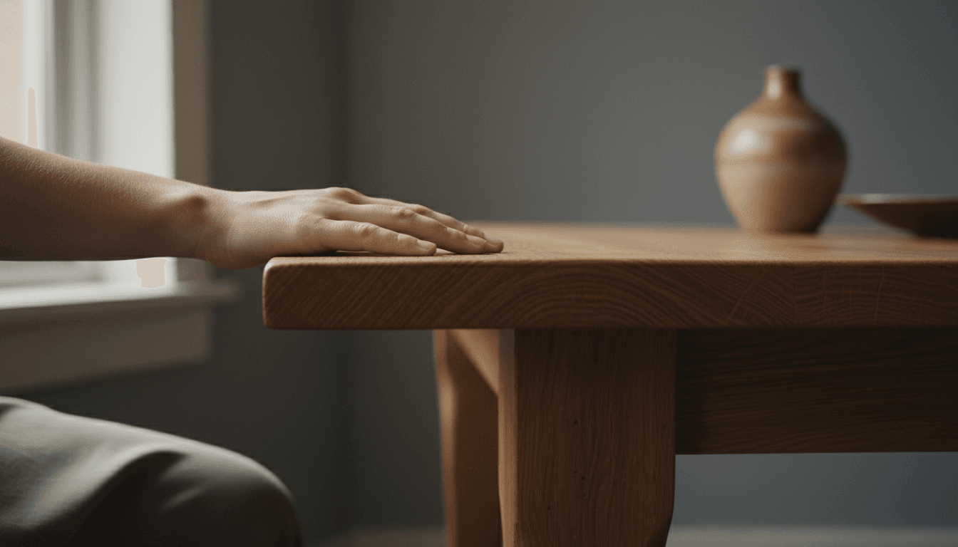 Close-up of hand resting on oak table surface in soft natural light