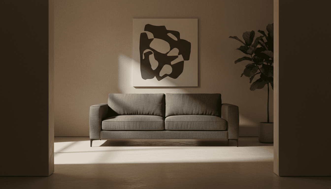 A modern sofa in a dimly lit room with soft natural light and a plant in the corner