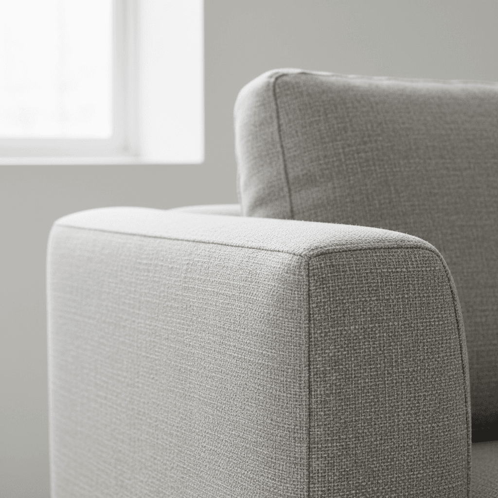 Close-up of a modern sofa fabric seam revealing quality construction