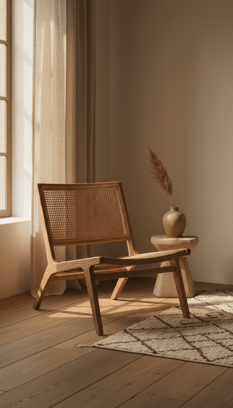 Modern armchair in sunlit room