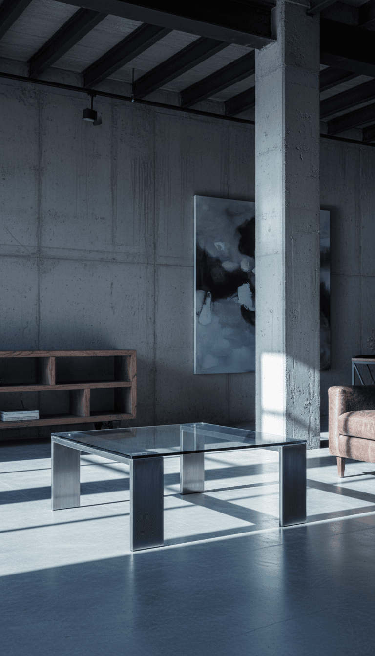 Steel and glass coffee table in loft