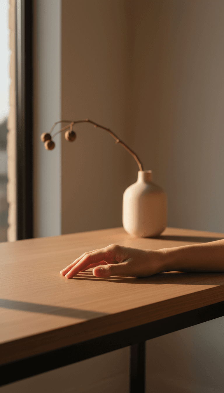 Hand resting on a modern wooden desk surface