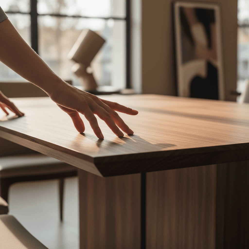 Close-up of a polished walnut tabletop showing natural wood grain and smooth finish with soft morning light