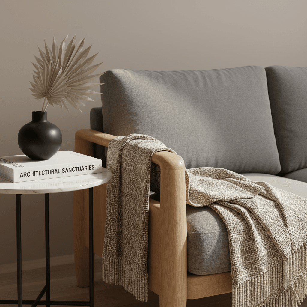 Modern velvet sofa in deep green with plush cushioning and soft amber lighting in a cosy room