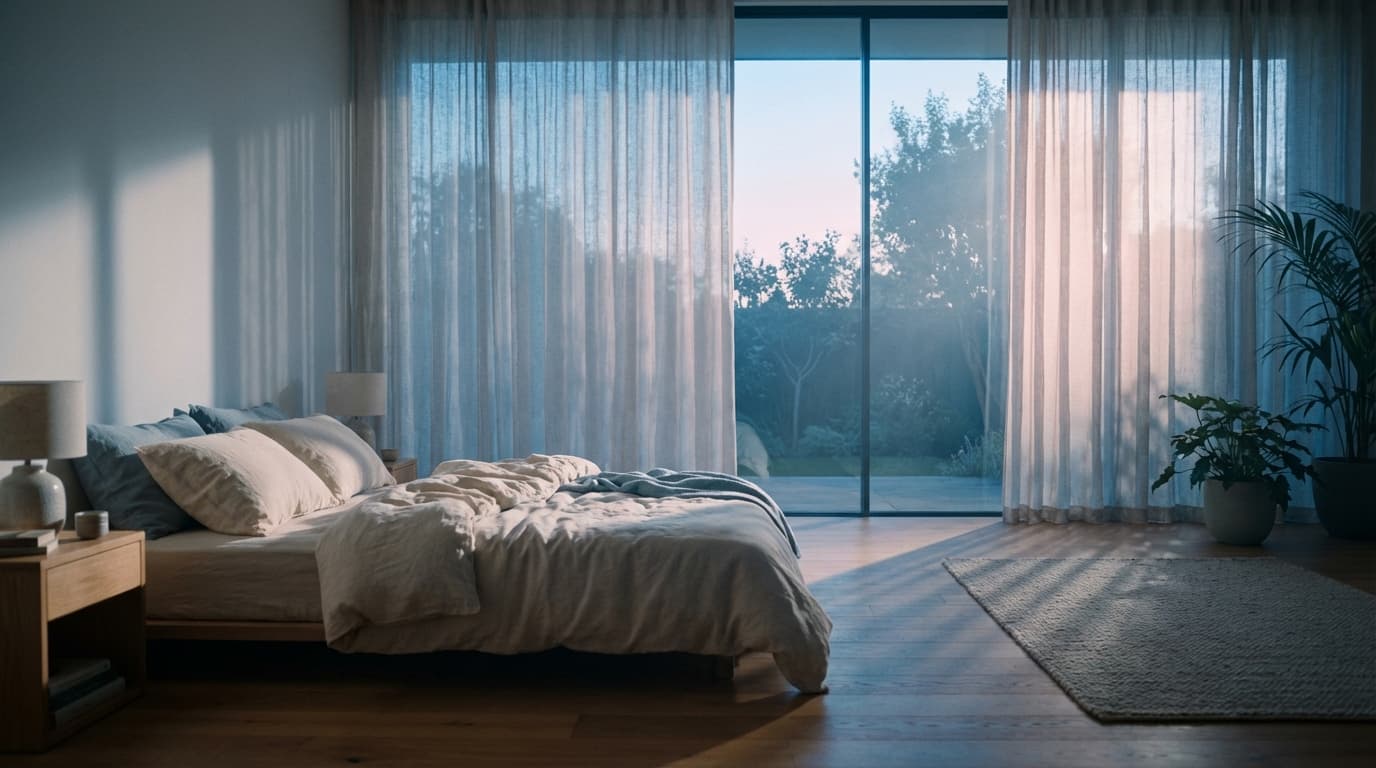 Neutral upholstered bed in a quiet bedroom