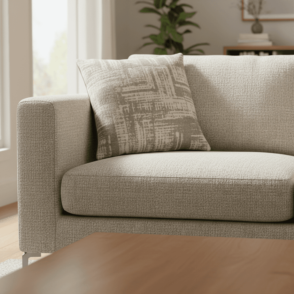 Modern beige sofa in a softly lit living room corner with side table and mug