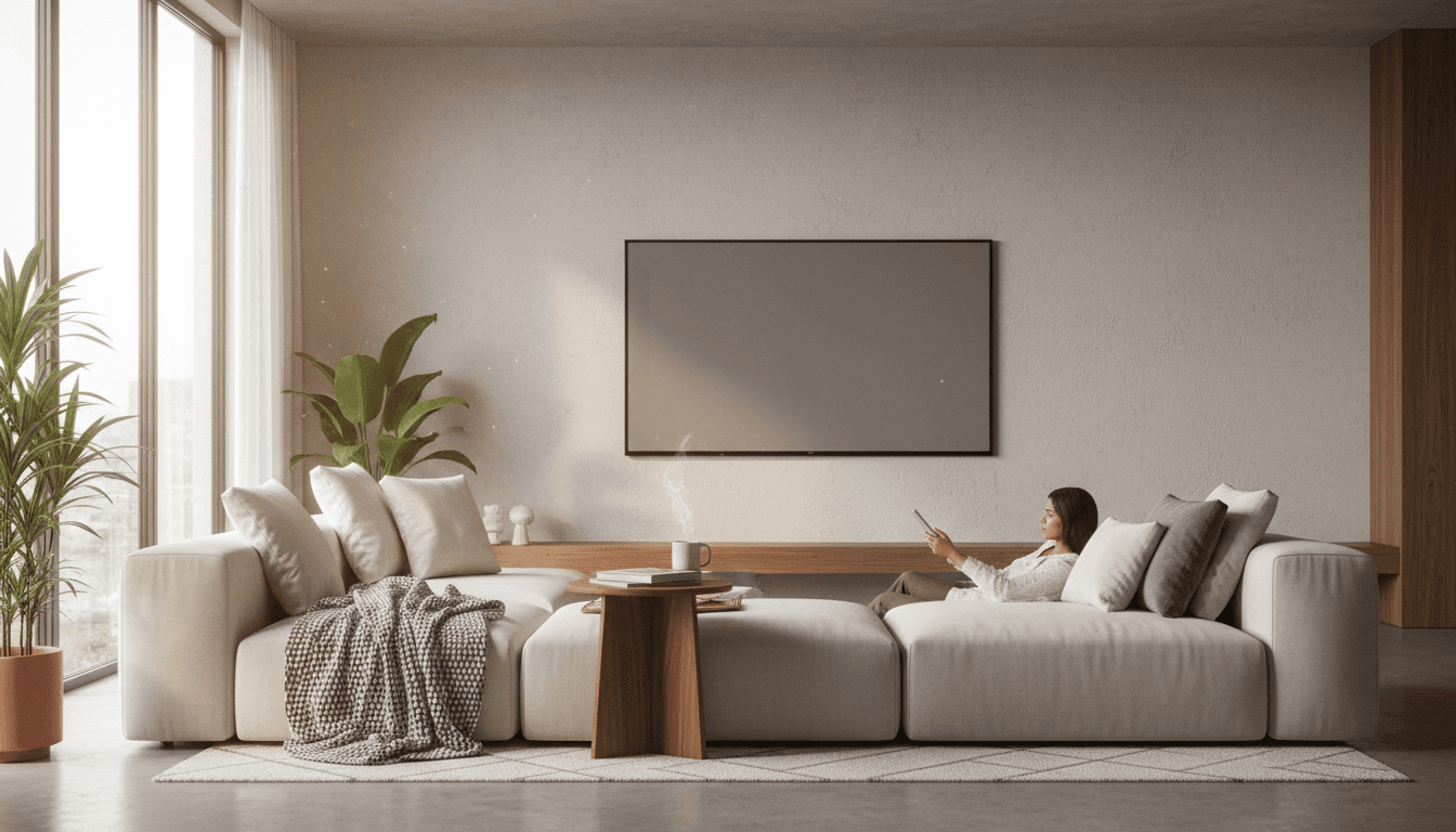 Modern living room at night with a sofa and side table lit by a single lamp, moody and elegant