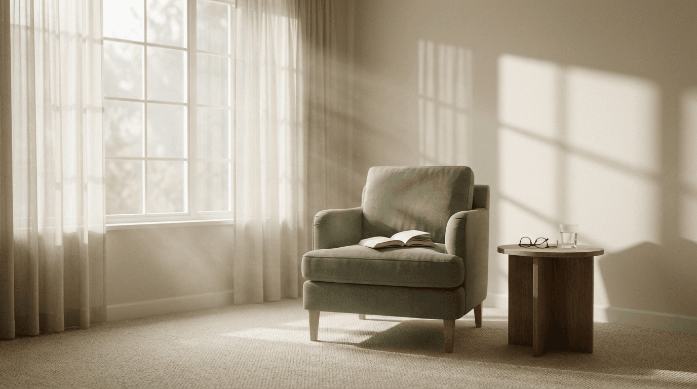Modern armchair in softly lit room