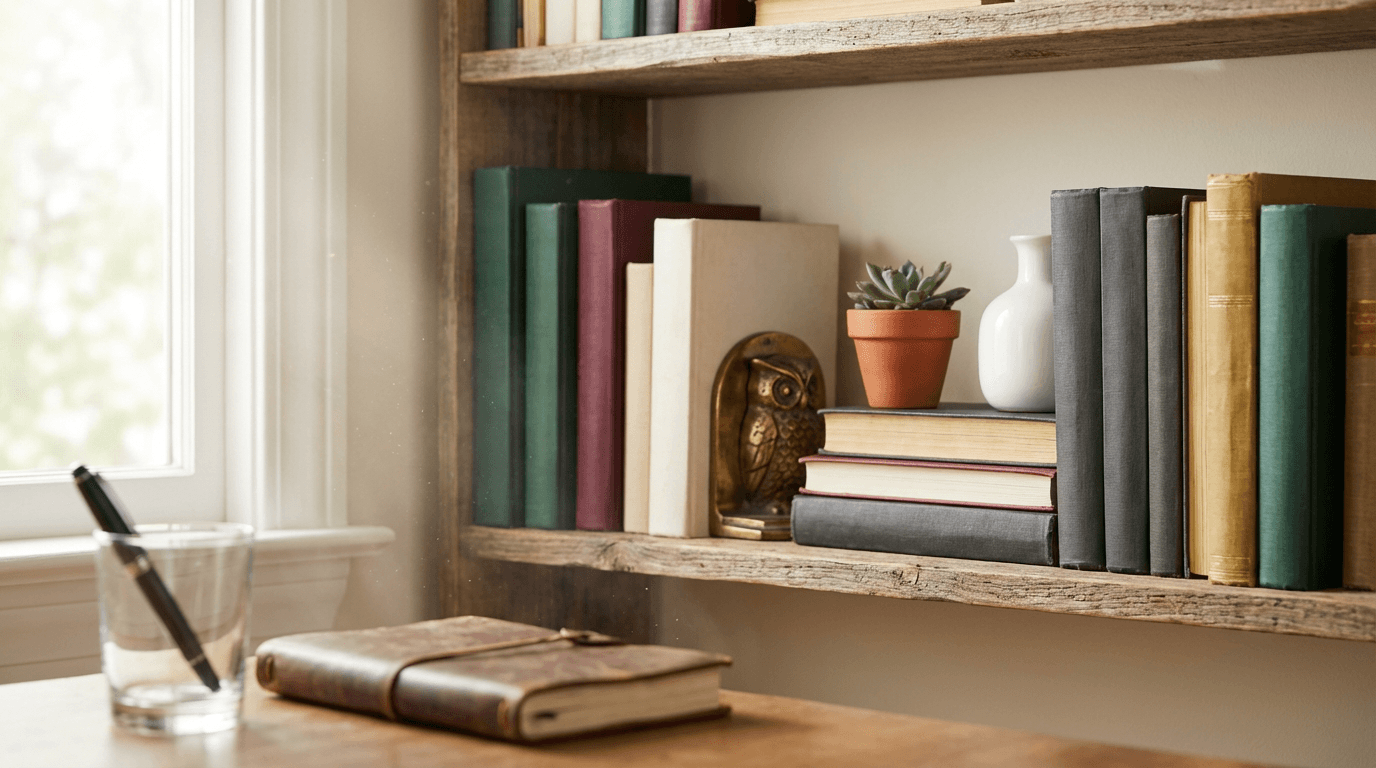 Styled wooden bookshelf with plants and books
