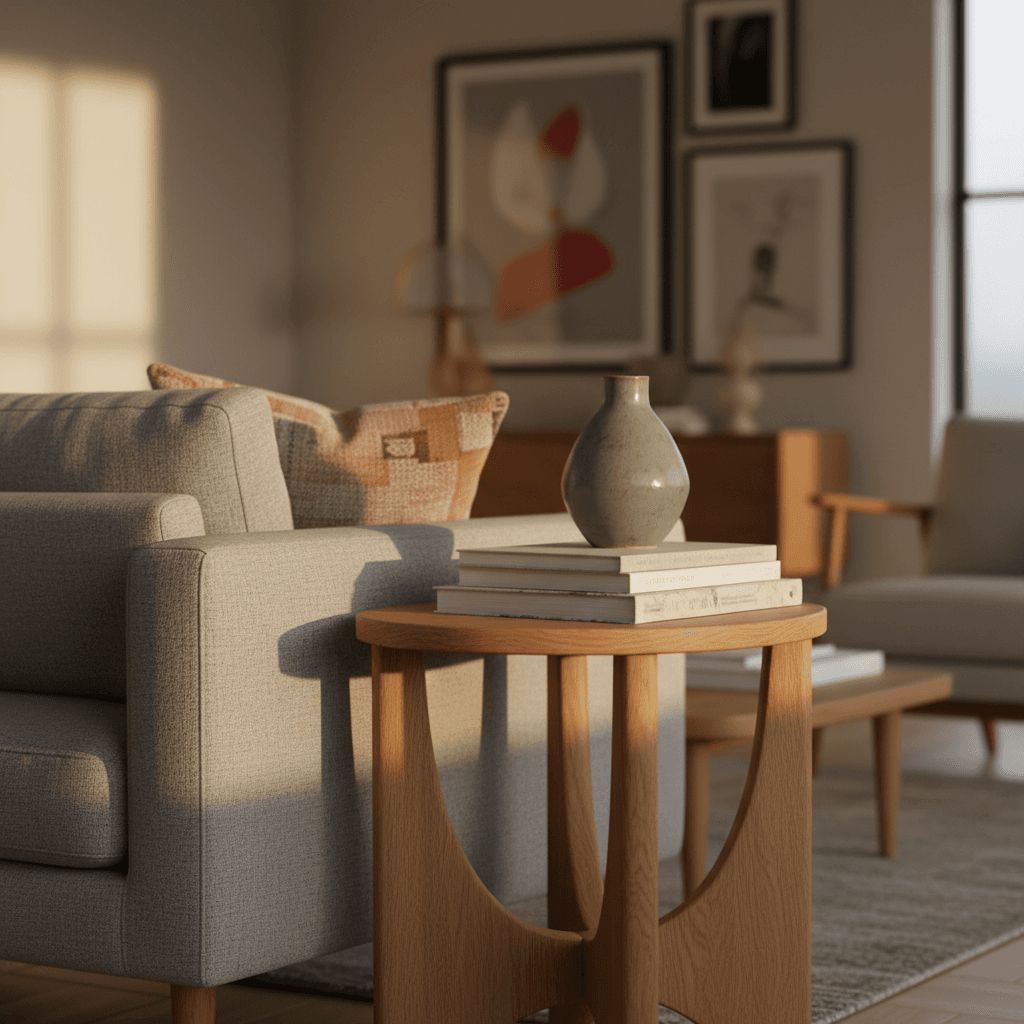 Modern grey sofa in a sunlit living room
